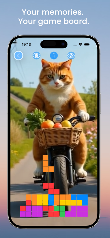 Video Gallery mode — Tetris gameplay over a portrait video from your library