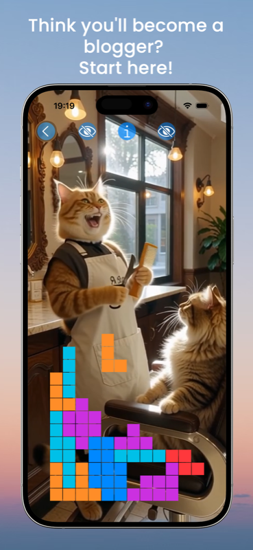 Blogger Mode — front camera background with Tetris gameplay for content creators