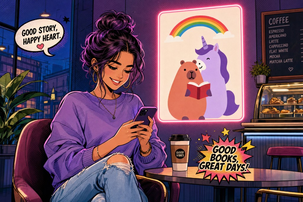 Illustration: reader enjoying a story on iPhone in a cozy cafe at night